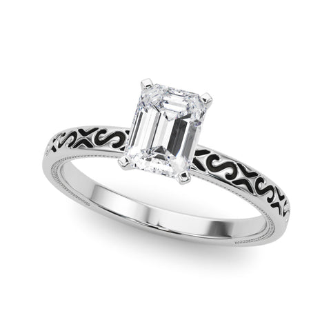 White gold Radiant Solitaire Engagement Ring with Scrollwork Band and Four-Prong Setting