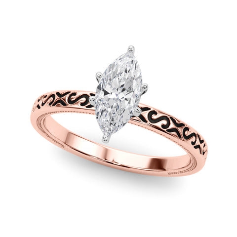 Rose gold Marquise Solitaire Engagement Ring with Scrollwork Band and Four-Prong Setting