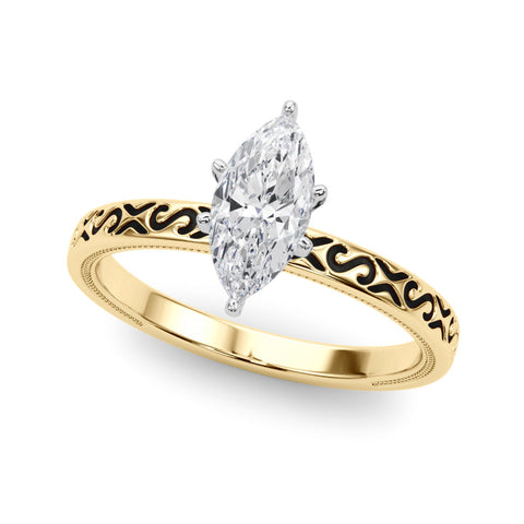 Yellow gold Marquise Solitaire Engagement Ring with Scrollwork Band and Four-Prong Setting