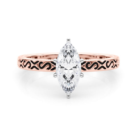 Rose gold Marquise Solitaire Engagement Ring with Scrollwork Band and Four-Prong Setting