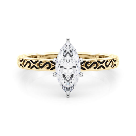 Yellow gold Marquise Solitaire Engagement Ring with Scrollwork Band and Four-Prong Setting