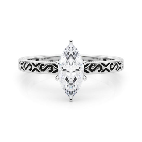 White gold Marquise Solitaire Engagement Ring with Scrollwork Band and Four-Prong Setting
