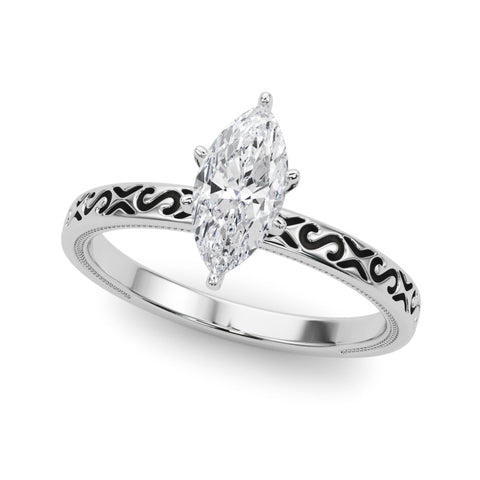 White gold Marquise Solitaire Engagement Ring with Scrollwork Band and Four-Prong Setting