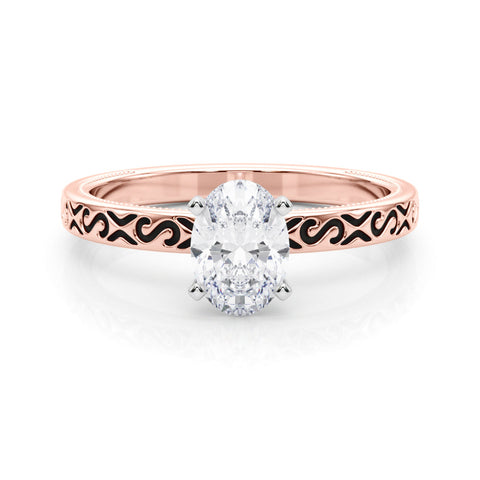 Rose gold Oval Solitaire Engagement Ring with Scrollwork Band and Four-Prong Setting