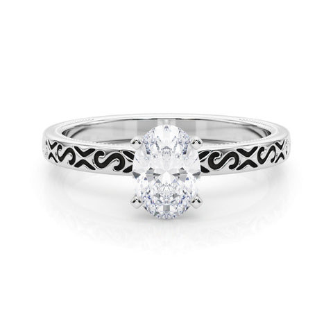 White gold Oval Solitaire Engagement Ring with Scrollwork Band and Four-Prong Setting