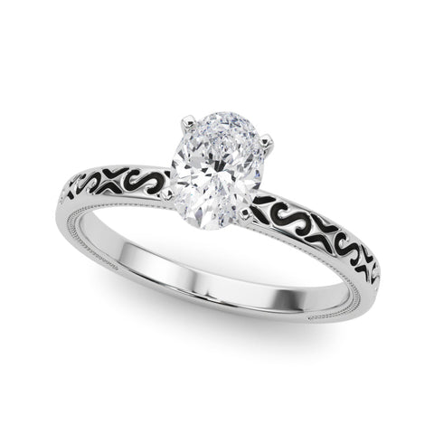 White gold Oval Solitaire Engagement Ring with Scrollwork Band and Four-Prong Setting