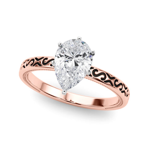 Rose gold Pear Solitaire Engagement Ring with Scrollwork Band and Four-Prong Setting