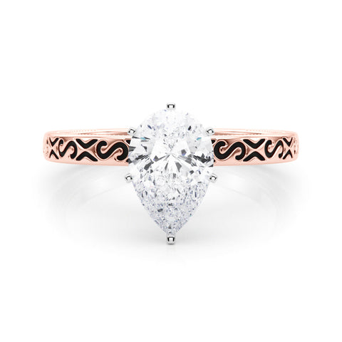Rose gold Pear Solitaire Engagement Ring with Scrollwork Band and Four-Prong Setting