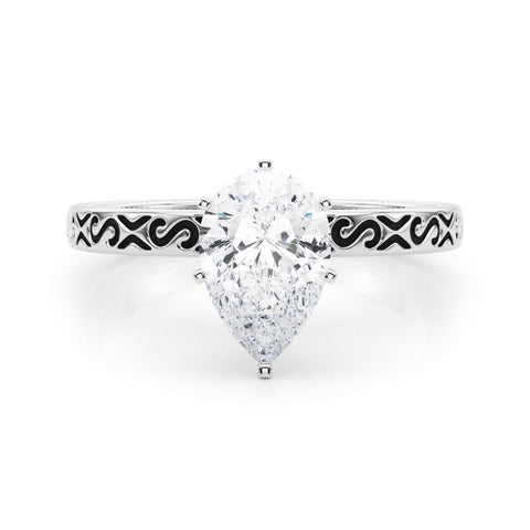 White gold Pear Solitaire Engagement Ring with Scrollwork Band and Four-Prong Setting