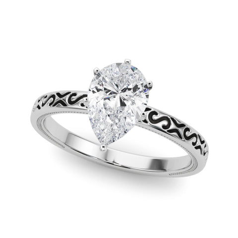 White gold Pear Solitaire Engagement Ring with Scrollwork Band and Four-Prong Setting