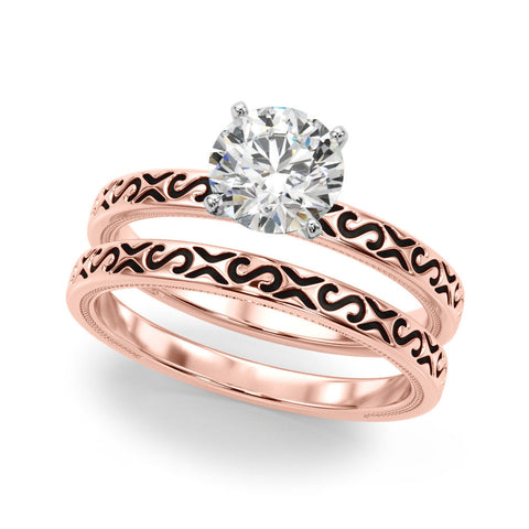 Rose gold Round Solitaire Engagement Ring with Scrollwork Band and Four-Prong Setting