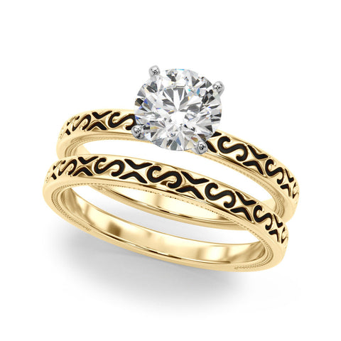 Yellow gold Round Solitaire Engagement Ring with Scrollwork Band and Four-Prong Setting