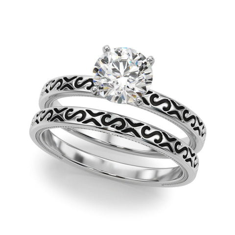 Platinum Round Solitaire Engagement Ring with Scrollwork Band and Four-Prong Setting