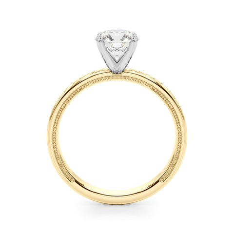 Yellow gold Round Solitaire Engagement Ring with Scrollwork Band and Four-Prong Setting