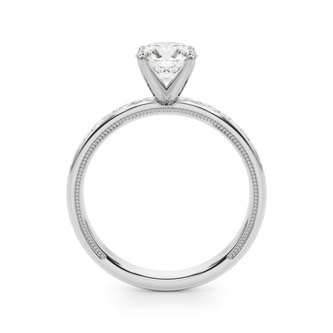 Platinum Round Solitaire Engagement Ring with Scrollwork Band and Four-Prong Setting