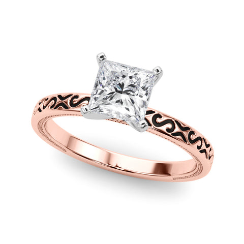 Rose gold Princess Solitaire Engagement Ring with Scrollwork Band and Four-Prong Setting