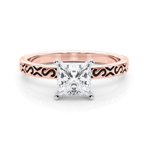 Rose gold Princess Solitaire Engagement Ring with Scrollwork Band and Four-Prong Setting