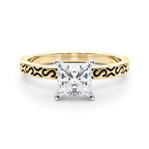 Yellow gold Princess Solitaire Engagement Ring with Scrollwork Band and Four-Prong Setting