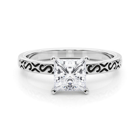 White gold Princess Solitaire Engagement Ring with Scrollwork Band and Four-Prong Setting