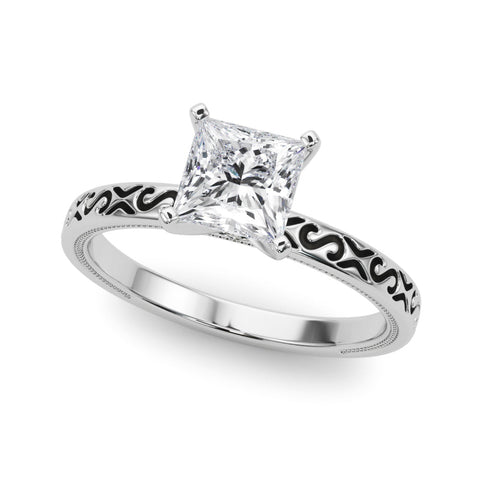 White gold Princess Solitaire Engagement Ring with Scrollwork Band and Four-Prong Setting
