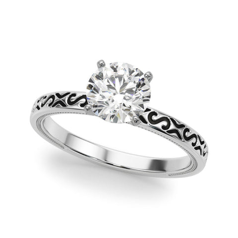 Platinum Round Solitaire Engagement Ring with Scrollwork Band and Four-Prong Setting