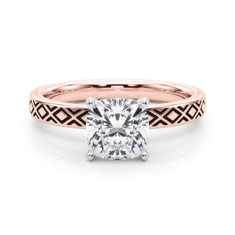 Rose gold Cushion Solitaire Diamond Ring with Milgrain and Black Enamel X Pattern Band