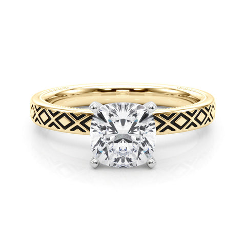 Yellow gold Cushion Solitaire Diamond Ring with Milgrain and Black Enamel X Pattern Band
