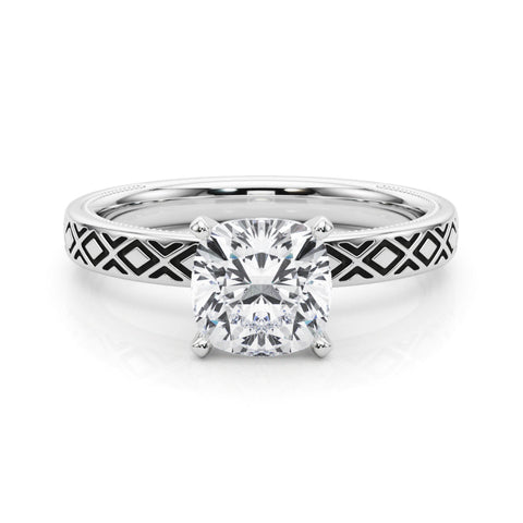 Platinum Cushion Solitaire Diamond Ring with Milgrain and Black Enamel X Pattern Band