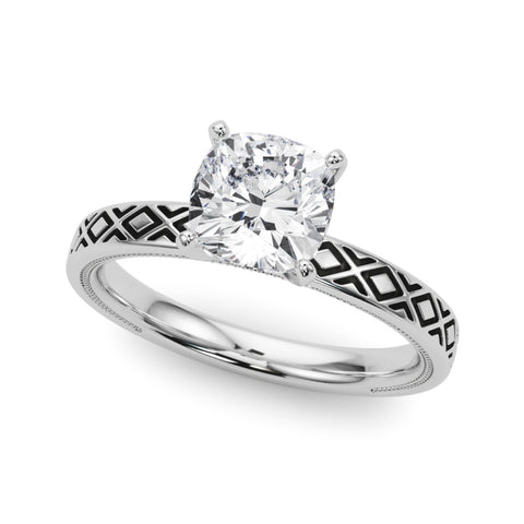 Platinum Cushion Solitaire Diamond Ring with Milgrain and Black Enamel X Pattern Band