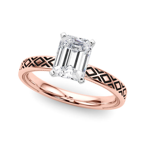 Rose gold Emerald Solitaire Diamond Ring with Milgrain and Black Enamel X Pattern Band