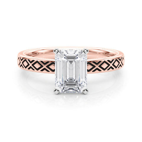 Rose gold Radiant Solitaire Diamond Ring with Milgrain and Black Enamel X Pattern Band