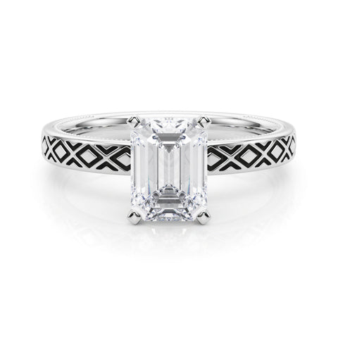 White gold Radiant Solitaire Diamond Ring with Milgrain and Black Enamel X Pattern Band