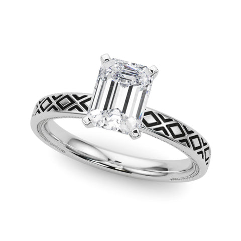 White gold Radiant Solitaire Diamond Ring with Milgrain and Black Enamel X Pattern Band
