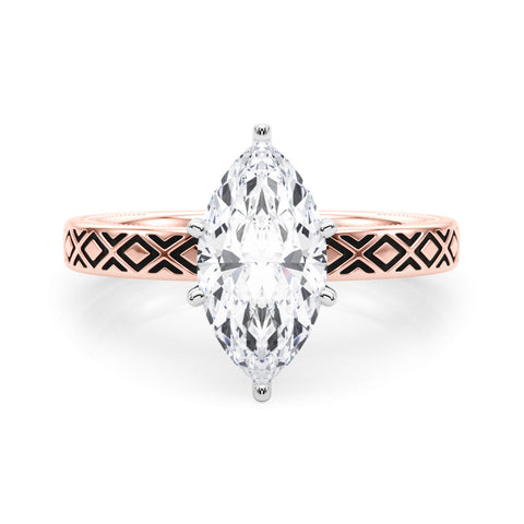 Rose gold Marquise Solitaire Diamond Ring with Milgrain and Black Enamel X Pattern Band