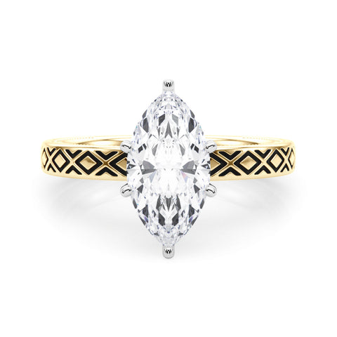 Yellow gold Marquise Solitaire Diamond Ring with Milgrain and Black Enamel X Pattern Band