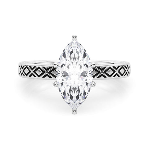 White gold Marquise Solitaire Diamond Ring with Milgrain and Black Enamel X Pattern Band