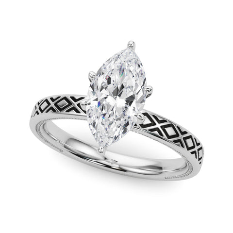 White gold Marquise Solitaire Diamond Ring with Milgrain and Black Enamel X Pattern Band