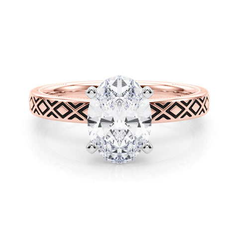 Rose gold Oval Solitaire Diamond Ring with Milgrain and Black Enamel X Pattern Band