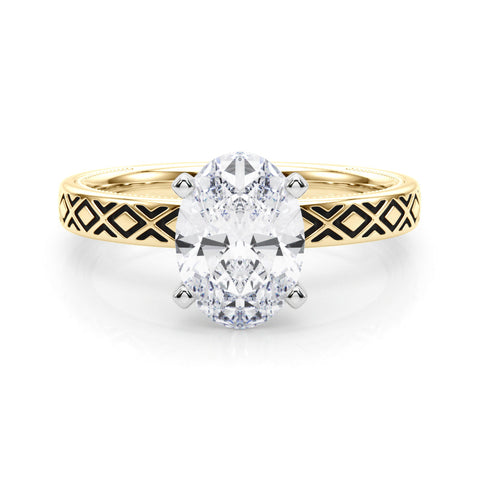 Yellow gold Oval Solitaire Diamond Ring with Milgrain and Black Enamel X Pattern Band