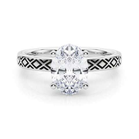 White gold Oval Solitaire Diamond Ring with Milgrain and Black Enamel X Pattern Band