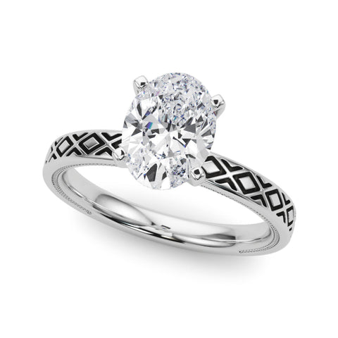 Platinum Oval Solitaire Diamond Ring with Milgrain and Black Enamel X Pattern Band
