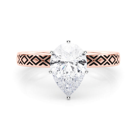 Rose gold Pear Solitaire Diamond Ring with Milgrain and Black Enamel X Pattern Band