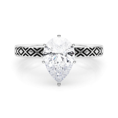Platinum Pear Solitaire Diamond Ring with Milgrain and Black Enamel X Pattern Band