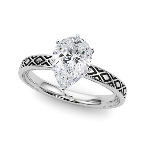 Platinum Pear Solitaire Diamond Ring with Milgrain and Black Enamel X Pattern Band