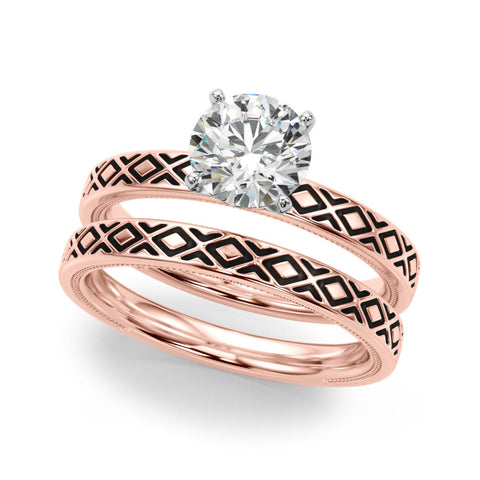 Rose gold Round Solitaire Diamond Ring with Milgrain and Black Enamel X Pattern Band