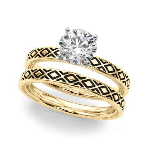 Yellow gold Round Solitaire Diamond Ring with Milgrain and Black Enamel X Pattern Band