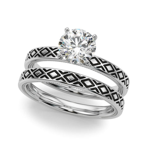 White gold Round Solitaire Diamond Ring with Milgrain and Black Enamel X Pattern Band