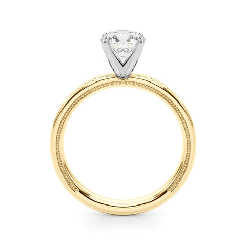 Yellow gold Round Solitaire Diamond Ring with Milgrain and Black Enamel X Pattern Band