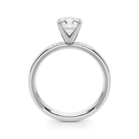 Platinum Round Solitaire Diamond Ring with Milgrain and Black Enamel X Pattern Band