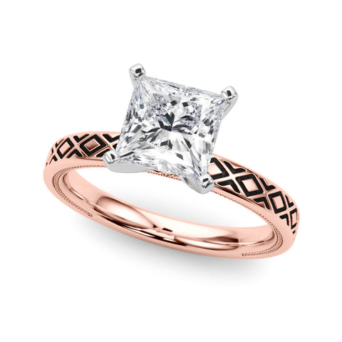 Rose gold Princess Solitaire Diamond Ring with Milgrain and Black Enamel X Pattern Band